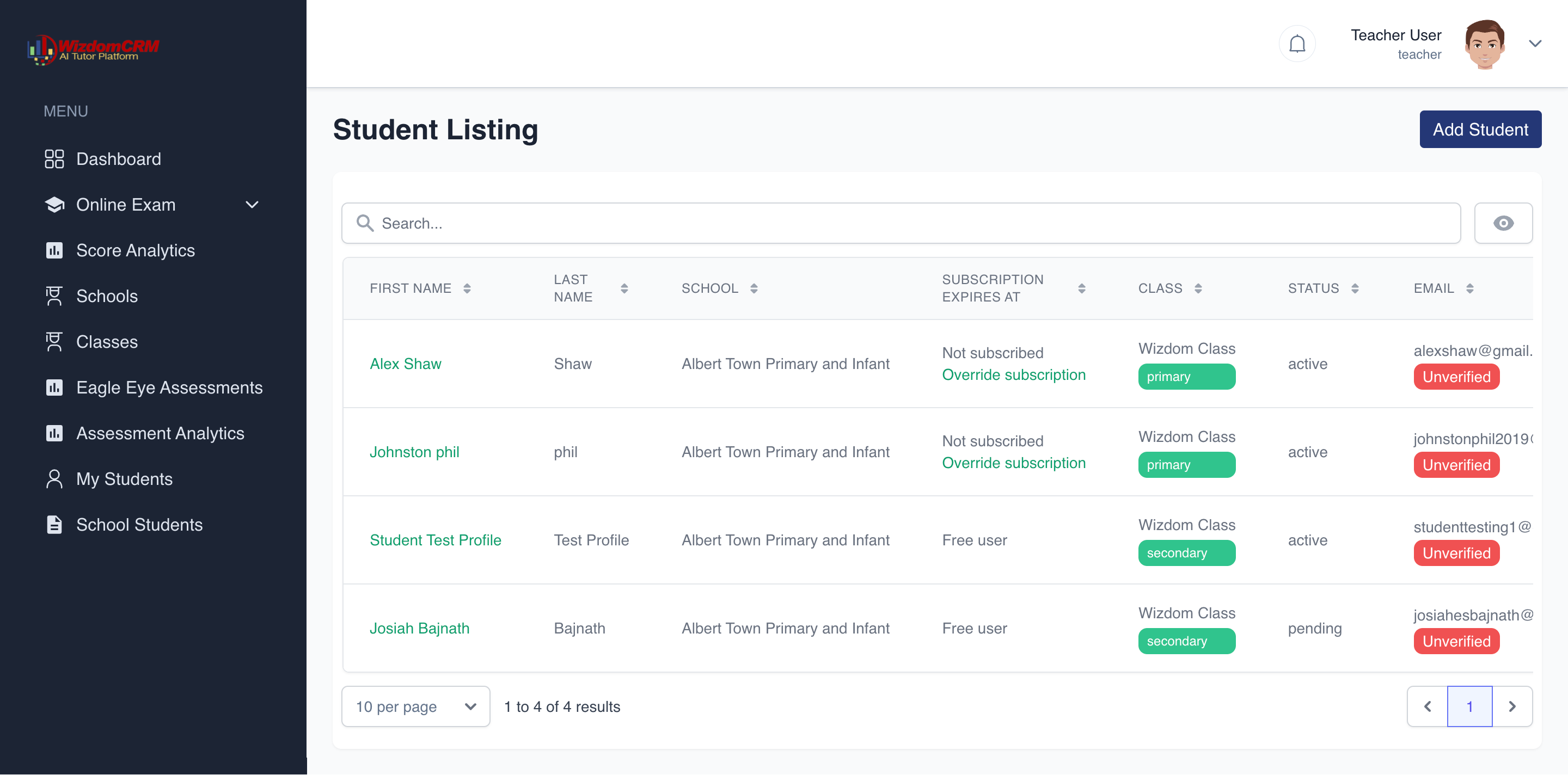 Student Listing Interface