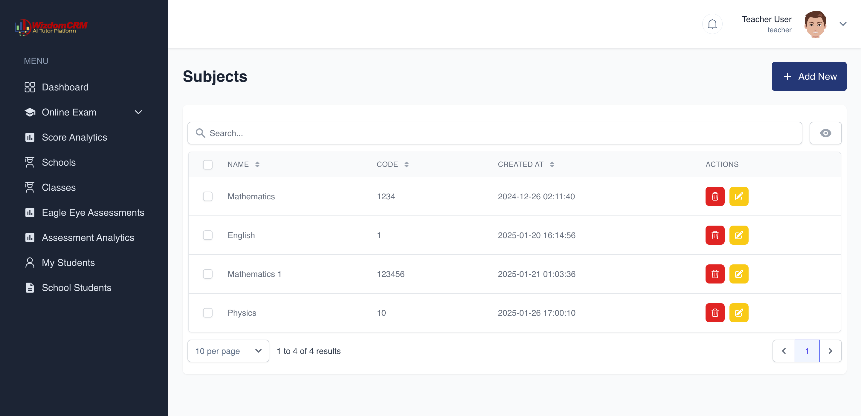 Subjects Management Interface
